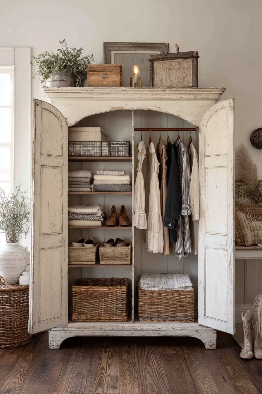 Weathered white armoire without doors, with hanging rod, shelves of folded items and shoes, woven baskets and a vintage bulb