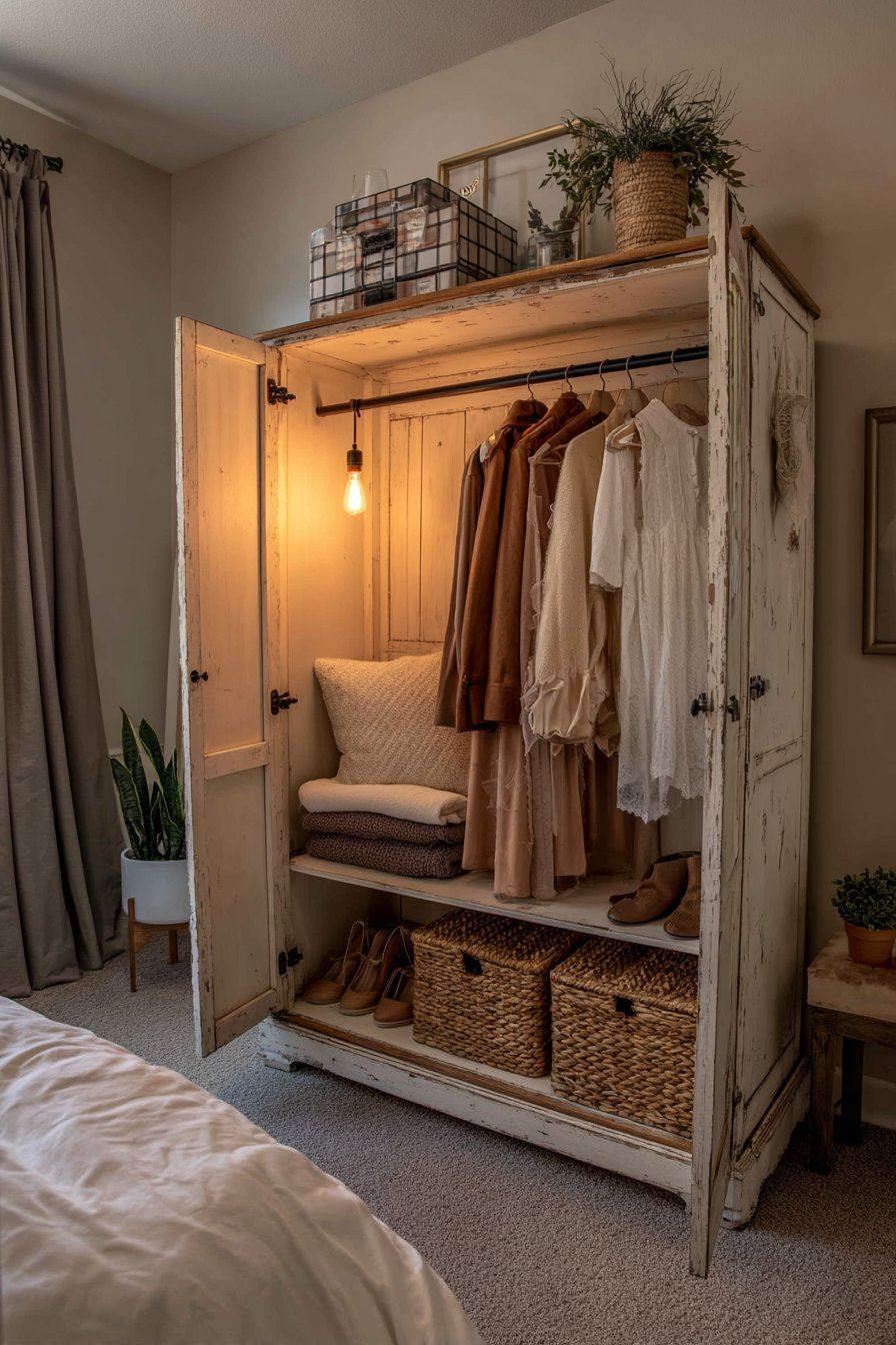Weathered white armoire without doors, with hanging rod, shelves of folded items and shoes, woven baskets and a vintage bulb