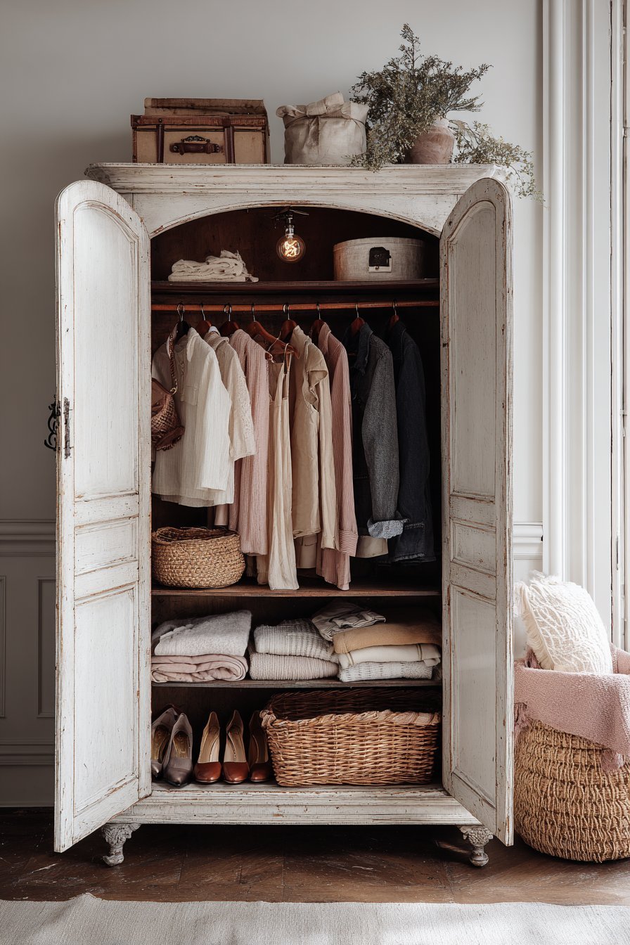 Weathered white armoire without doors, with hanging rod, shelves of folded items and shoes, woven baskets and a vintage bulb