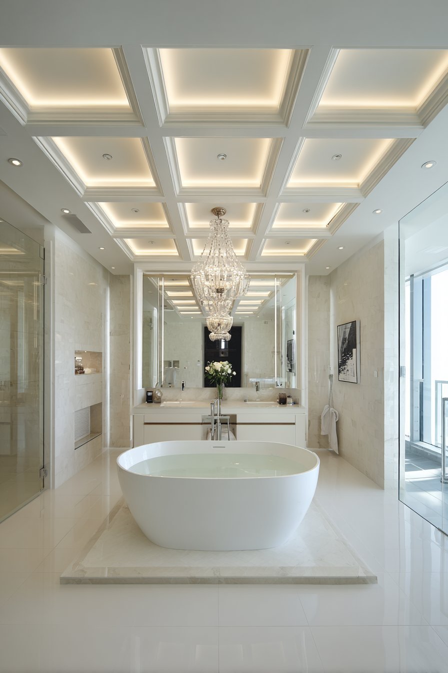 Coffered white ceiling with LED strips above a freestanding tub and chandelier