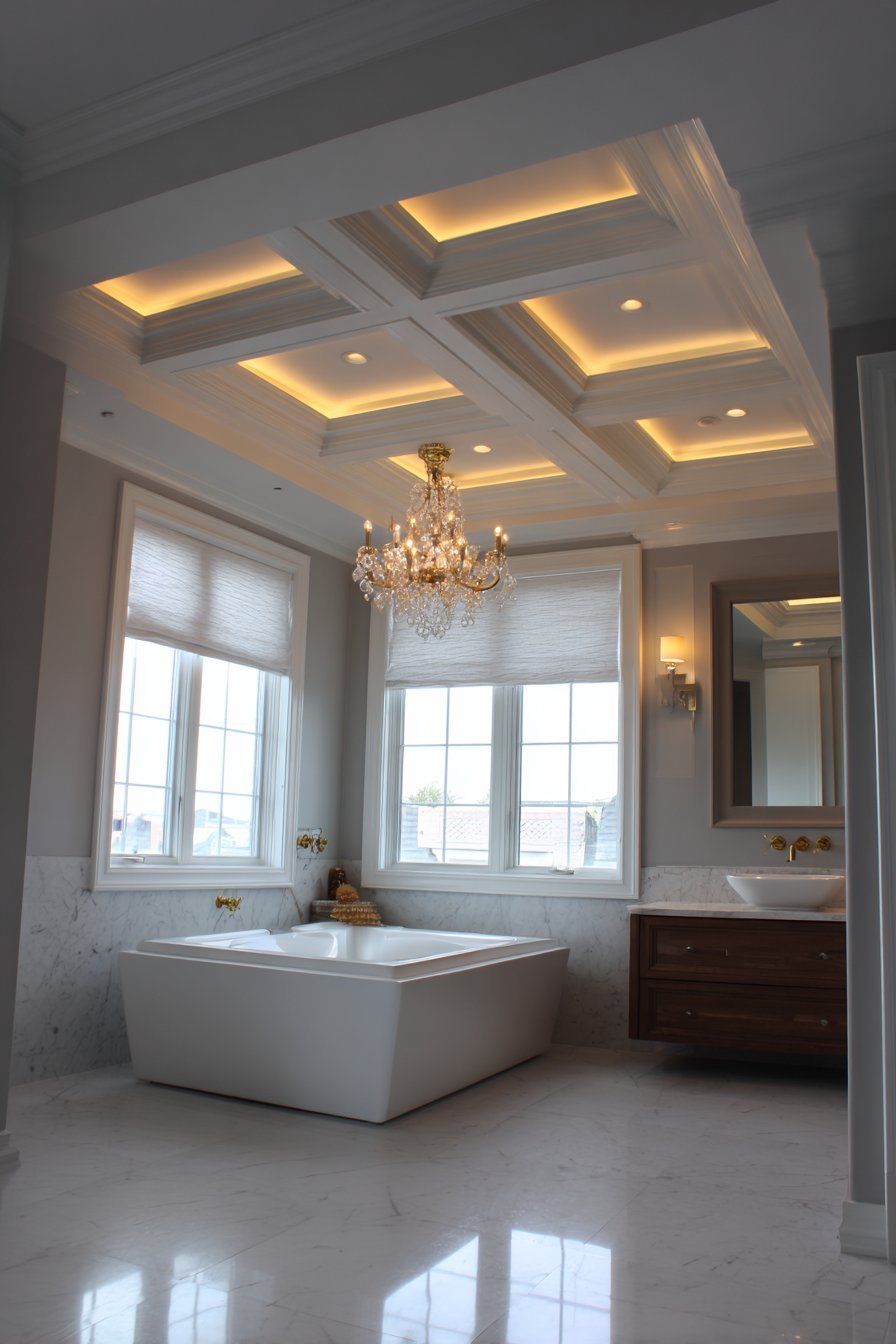 Coffered white ceiling with LED strips above a freestanding tub and chandelier