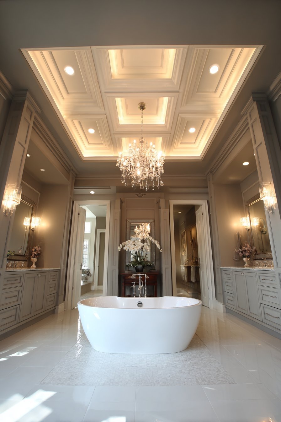 Coffered white ceiling with LED strips above a freestanding tub and chandelier