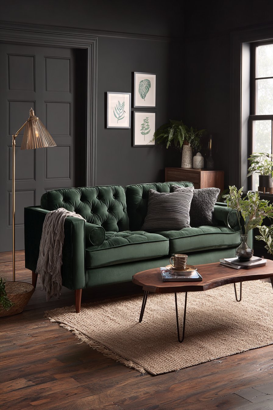 Charcoal linen wallpaper with deep green channel-tufted sofa, black walnut table and brass floor lamp