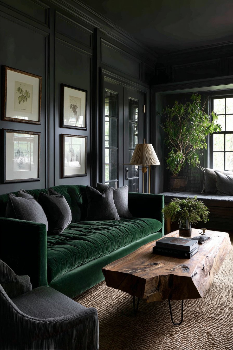 Charcoal linen wallpaper with deep green channel-tufted sofa, black walnut table and brass floor lamp