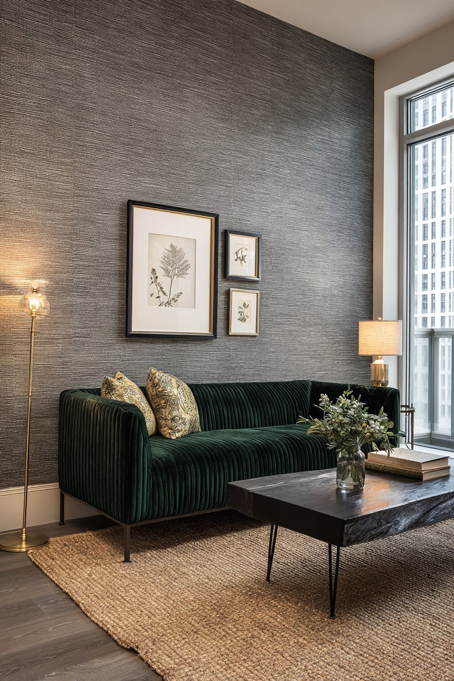 Charcoal linen wallpaper with deep green channel-tufted sofa, black walnut table and brass floor lamp