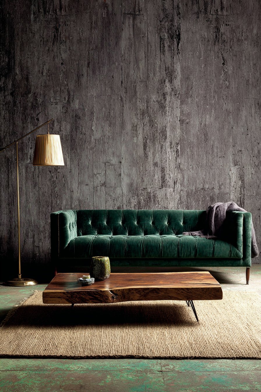 Charcoal linen wallpaper with deep green channel-tufted sofa, black walnut table and brass floor lamp