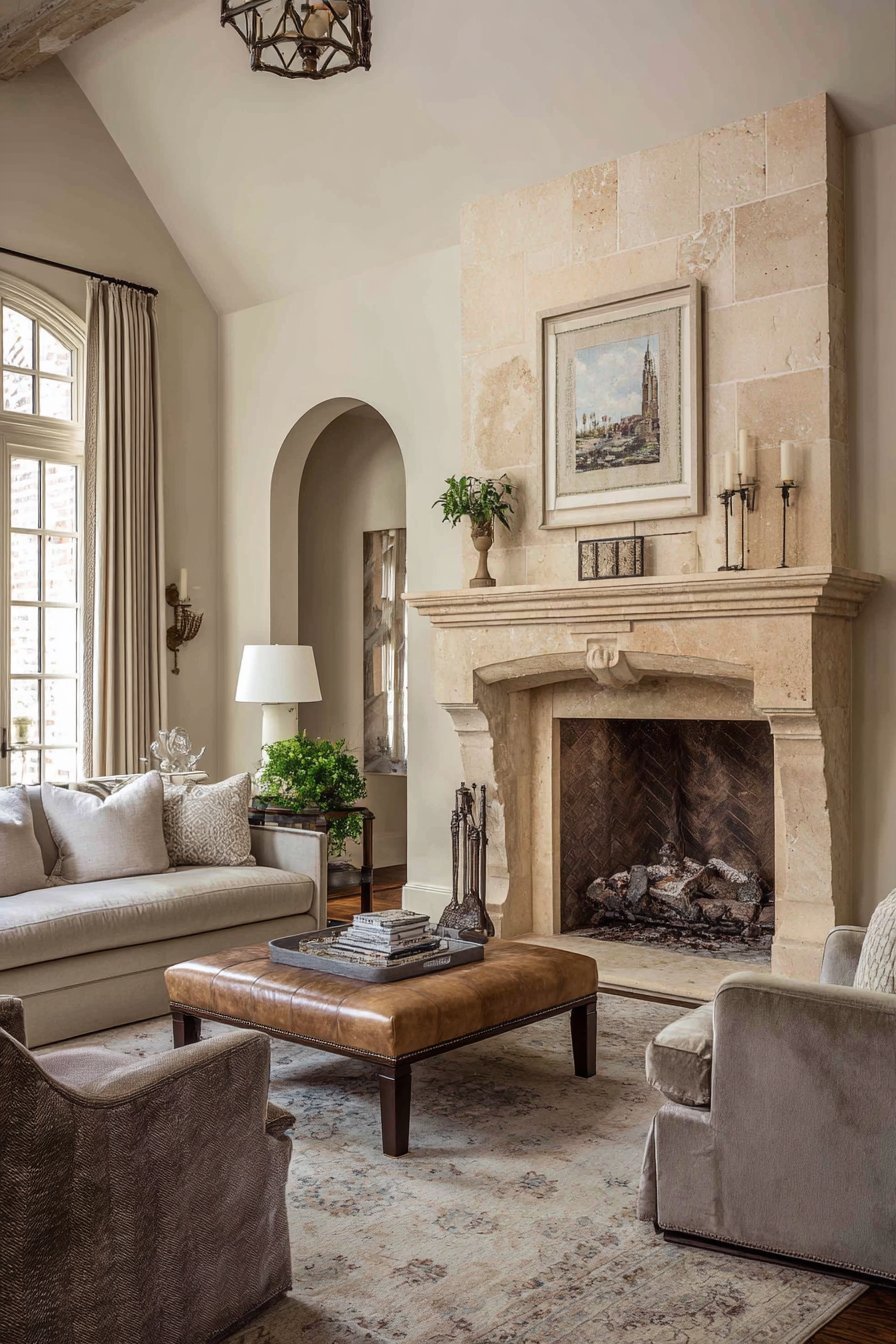 Transitional living room with greige sofa, taupe velvet armchairs, cognac leather ottoman and travertine fireplace