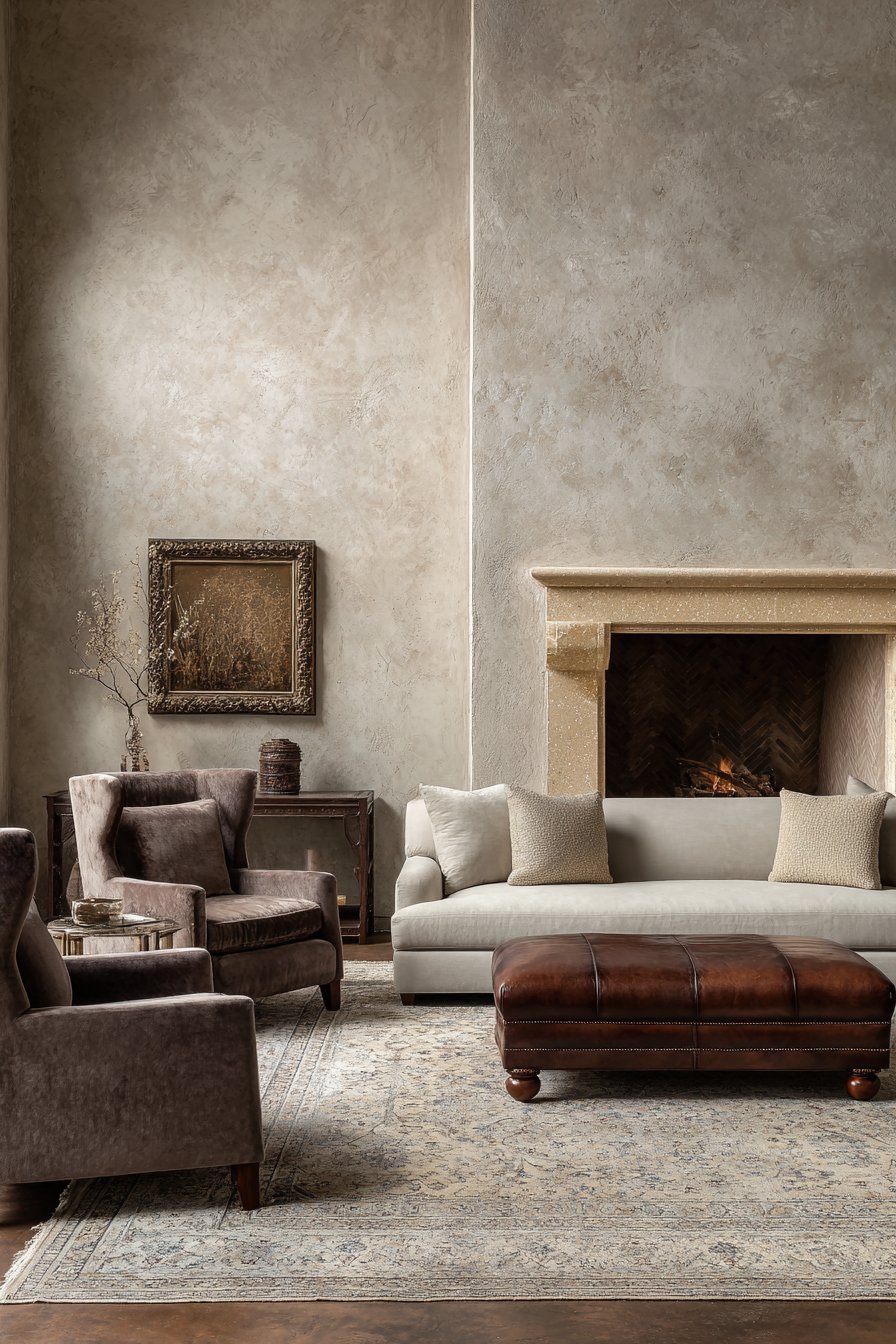 Transitional living room with greige sofa, taupe velvet armchairs, cognac leather ottoman and travertine fireplace