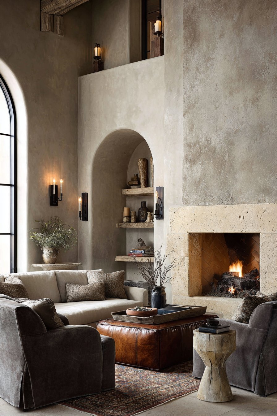 Transitional living room with greige sofa, taupe velvet armchairs, cognac leather ottoman and travertine fireplace