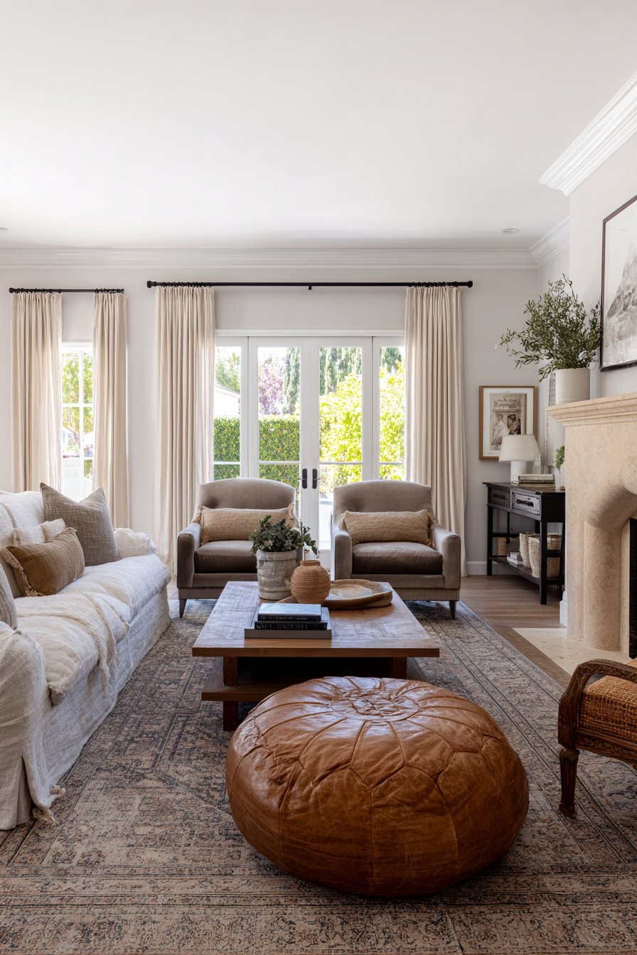 Transitional living room with greige sofa, taupe velvet armchairs, cognac leather ottoman and travertine fireplace