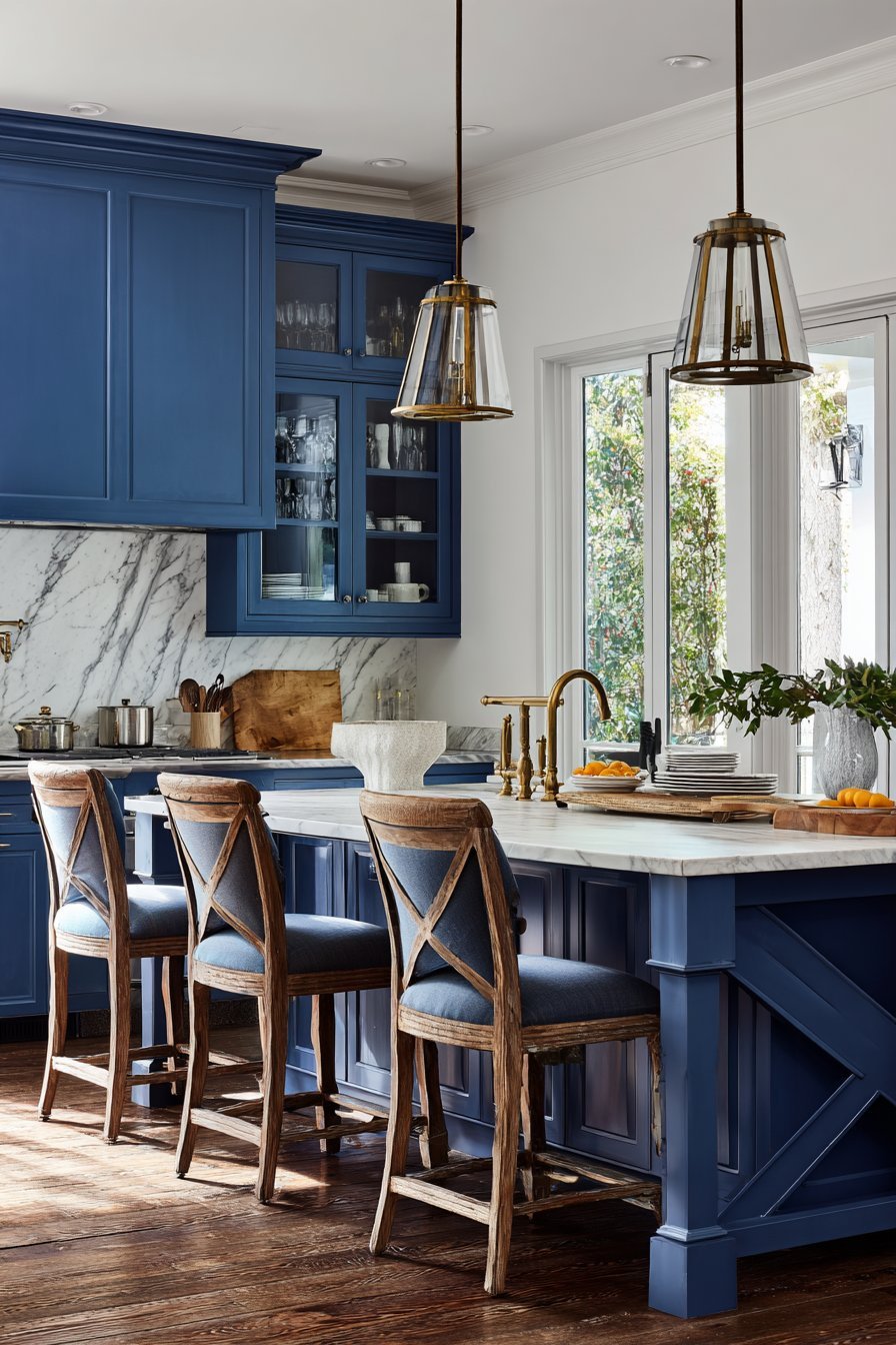 Navy kitchen cabinets with white marble, patinated brass hardware, glass uppers and X-panel island on heart pine floor