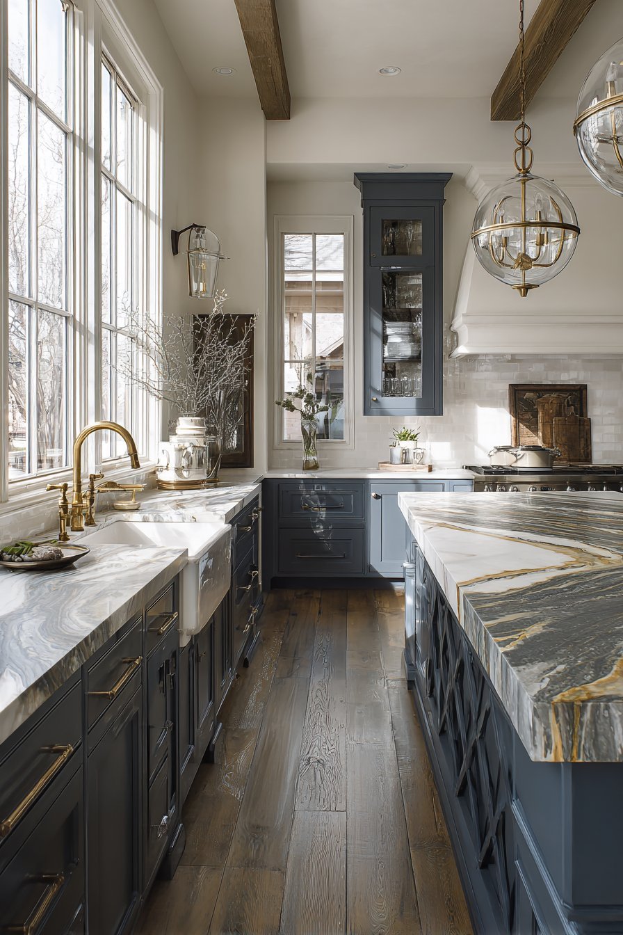 Navy kitchen cabinets with white marble, patinated brass hardware, glass uppers and X-panel island on heart pine floor