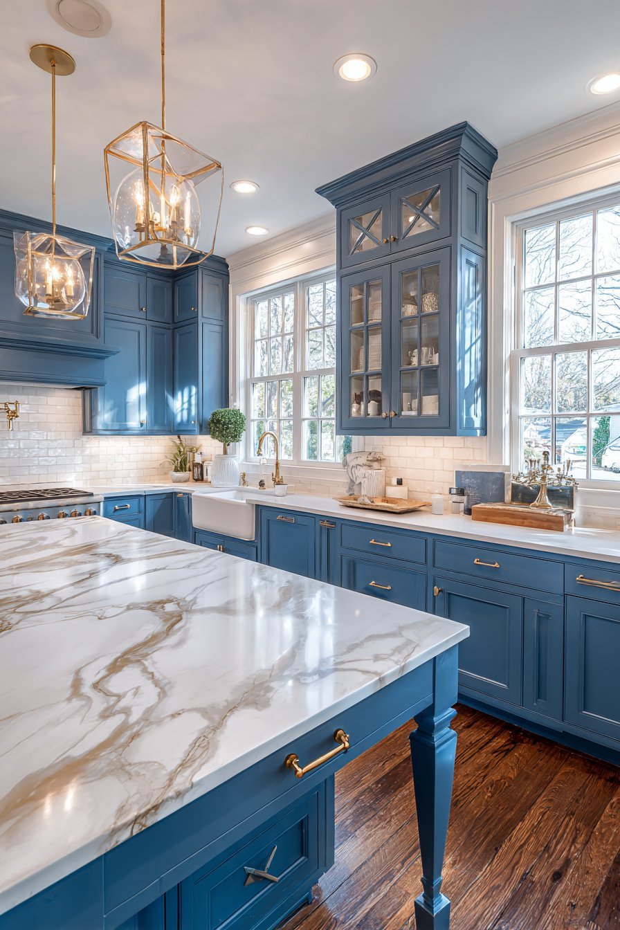 Navy kitchen cabinets with white marble, patinated brass hardware, glass uppers and X-panel island on heart pine floor