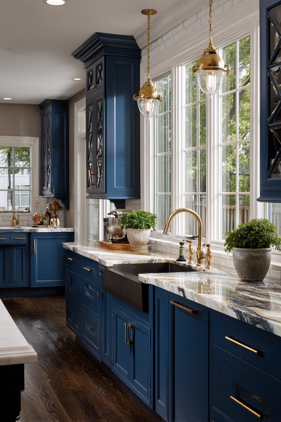 Navy kitchen cabinets with white marble, patinated brass hardware, glass uppers and X-panel island on heart pine floor