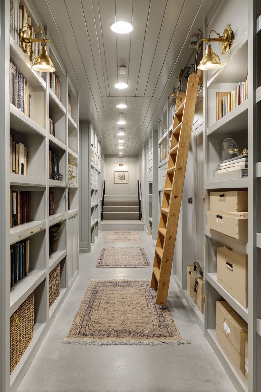 Floor-to-ceiling oak bookshelves with rolling brass library ladder, beadboard backing and archive boxes in a basement