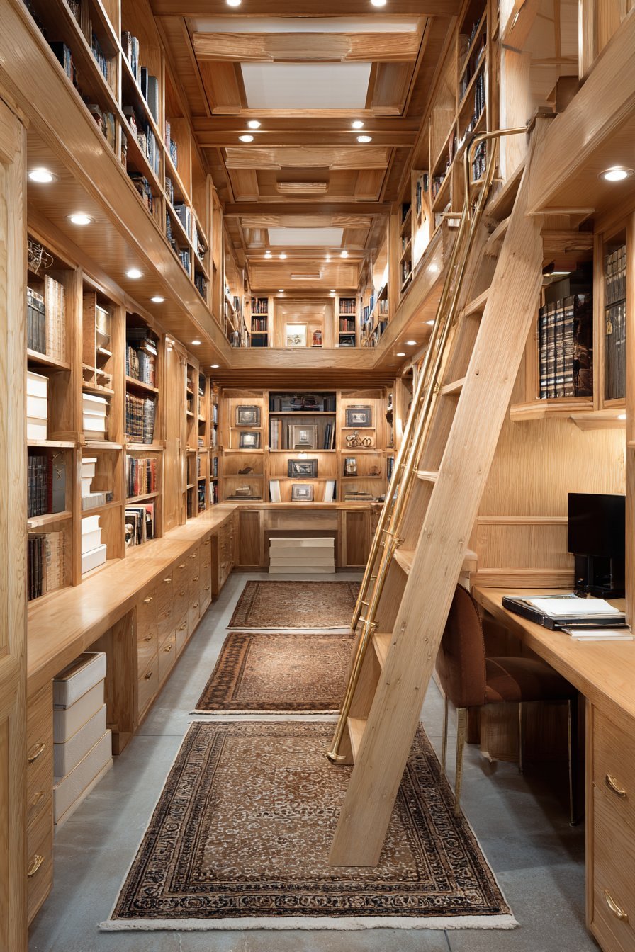 Floor-to-ceiling oak bookshelves with rolling brass library ladder, beadboard backing and archive boxes in a basement