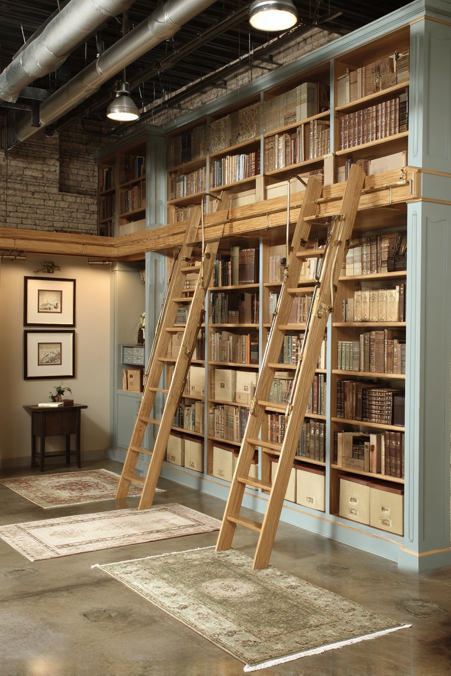 Floor-to-ceiling oak bookshelves with rolling brass library ladder, beadboard backing and archive boxes in a basement