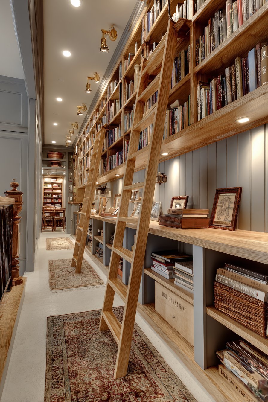Floor-to-ceiling oak bookshelves with rolling brass library ladder, beadboard backing and archive boxes in a basement