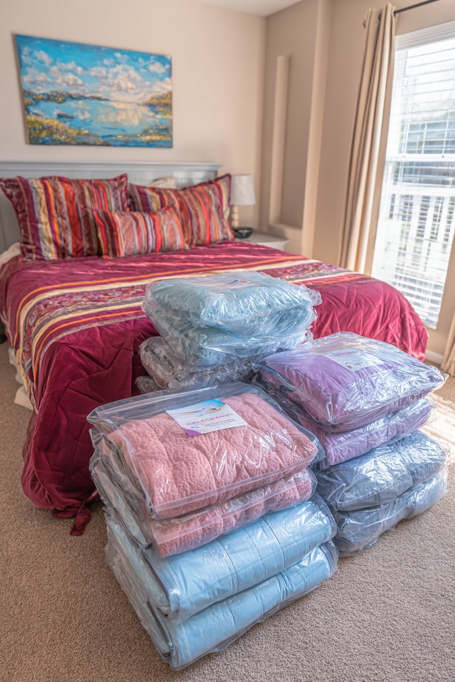 Clear vacuum storage bags holding compressed comforters beside uncompressed ones, with a handheld vacuum and labels