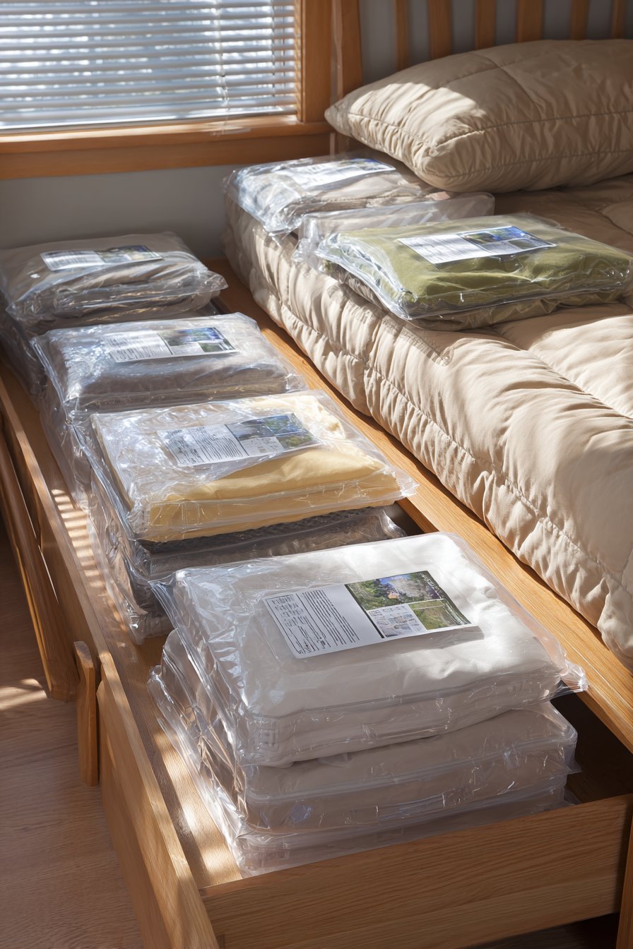 Clear vacuum storage bags holding compressed comforters beside uncompressed ones, with a handheld vacuum and labels
