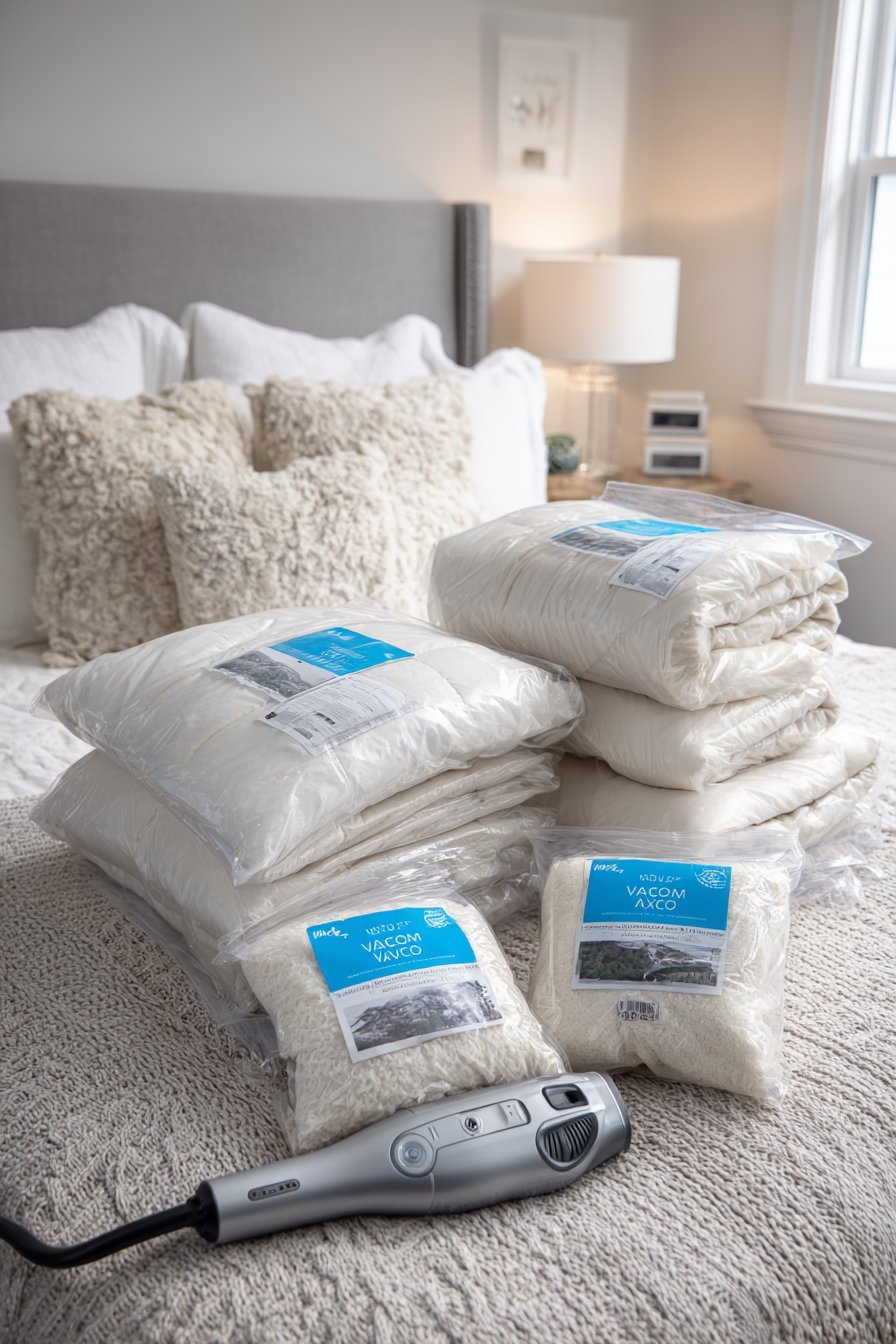 Clear vacuum storage bags holding compressed comforters beside uncompressed ones, with a handheld vacuum and labels
