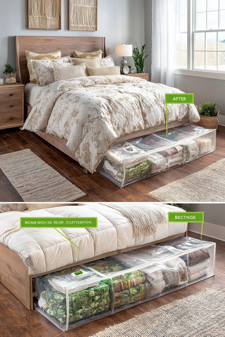 Clear vacuum storage bags holding compressed comforters beside uncompressed ones, with a handheld vacuum and labels