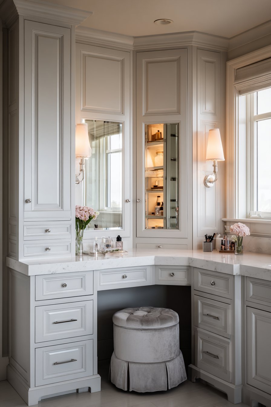 Makeup station with tri-fold mirror, ring light, grey velvet stool and acrylic drawer organizers
