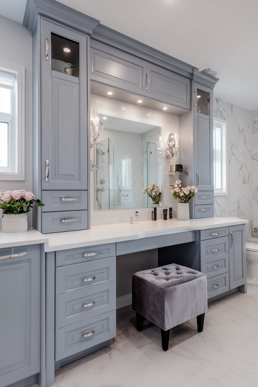 Makeup station with tri-fold mirror, ring light, grey velvet stool and acrylic drawer organizers