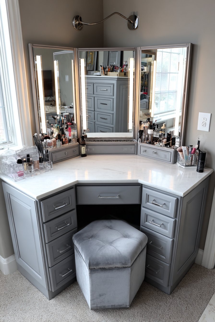 Makeup station with tri-fold mirror, ring light, grey velvet stool and acrylic drawer organizers