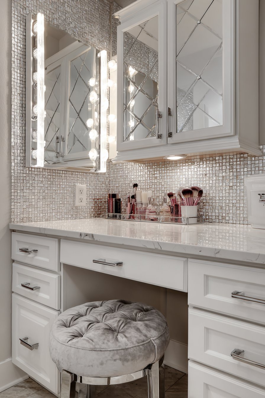 Makeup station with tri-fold mirror, ring light, grey velvet stool and acrylic drawer organizers