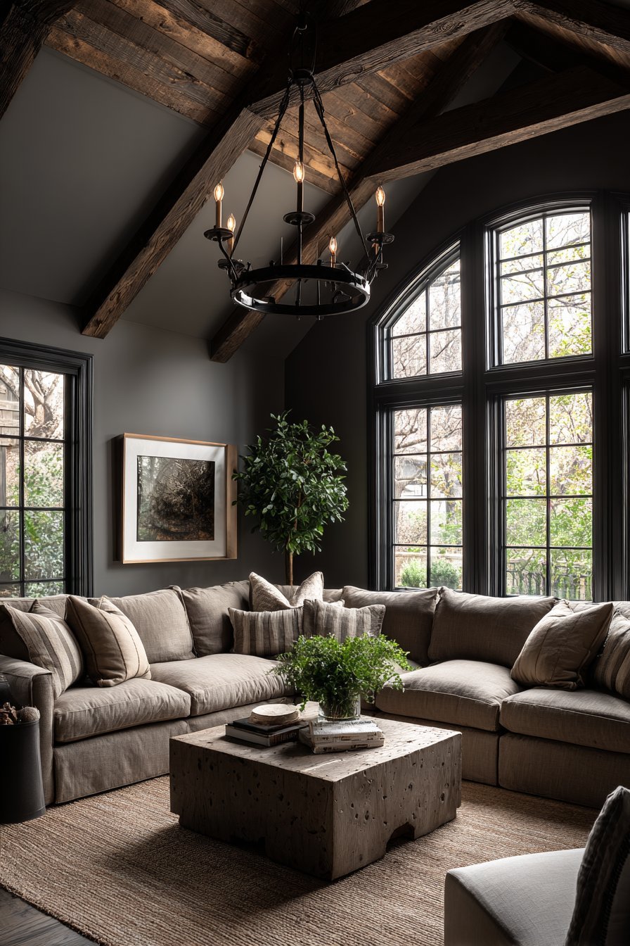 Vaulted ceiling with dark wood beams, slate grey walls, taupe sectional, stone coffee table and iron chandelier