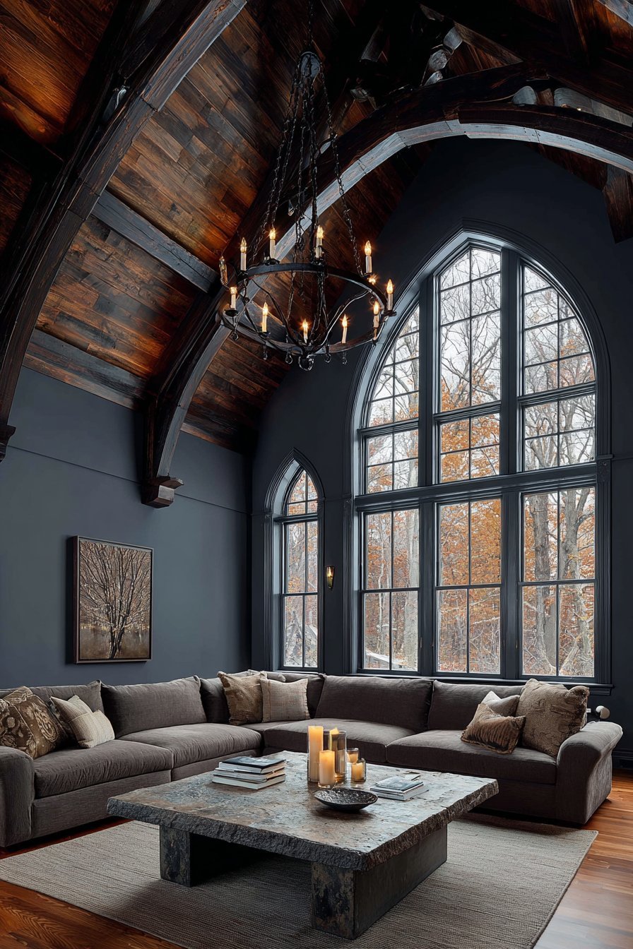 Vaulted ceiling with dark wood beams, slate grey walls, taupe sectional, stone coffee table and iron chandelier