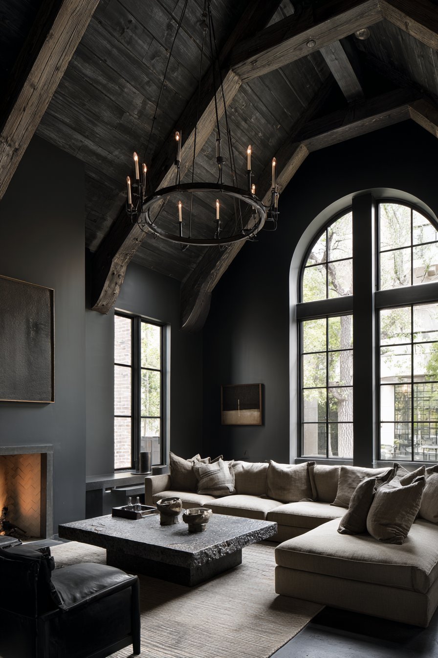 Vaulted ceiling with dark wood beams, slate grey walls, taupe sectional, stone coffee table and iron chandelier
