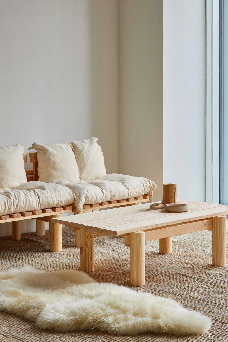 Scandinavian neutral living room with oatmeal modular sofa, whitewashed ash coffee table and white walls