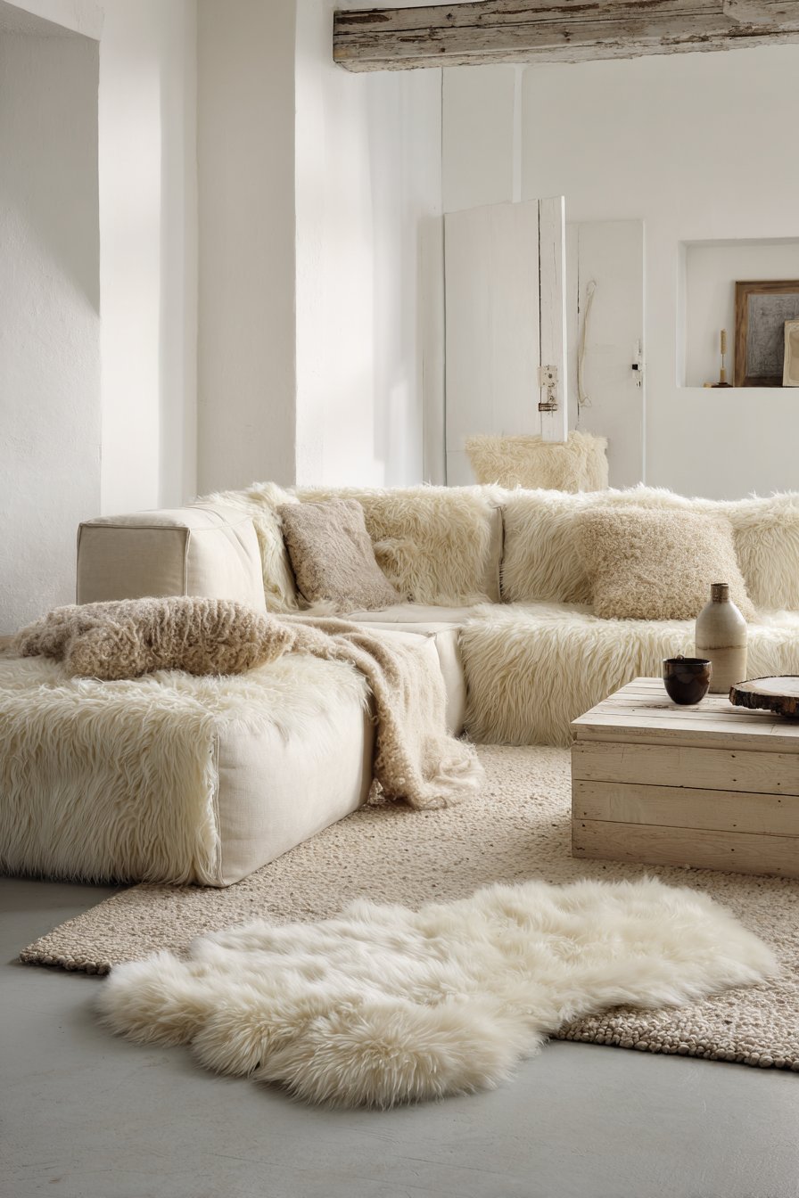 Scandinavian neutral living room with oatmeal modular sofa, whitewashed ash coffee table and white walls