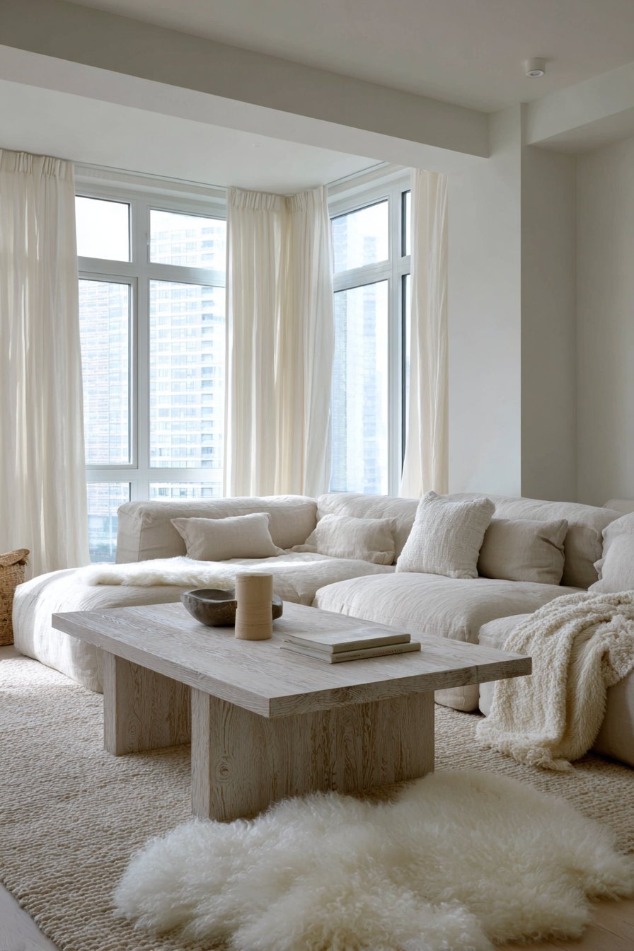 Scandinavian neutral living room with oatmeal modular sofa, whitewashed ash coffee table and white walls