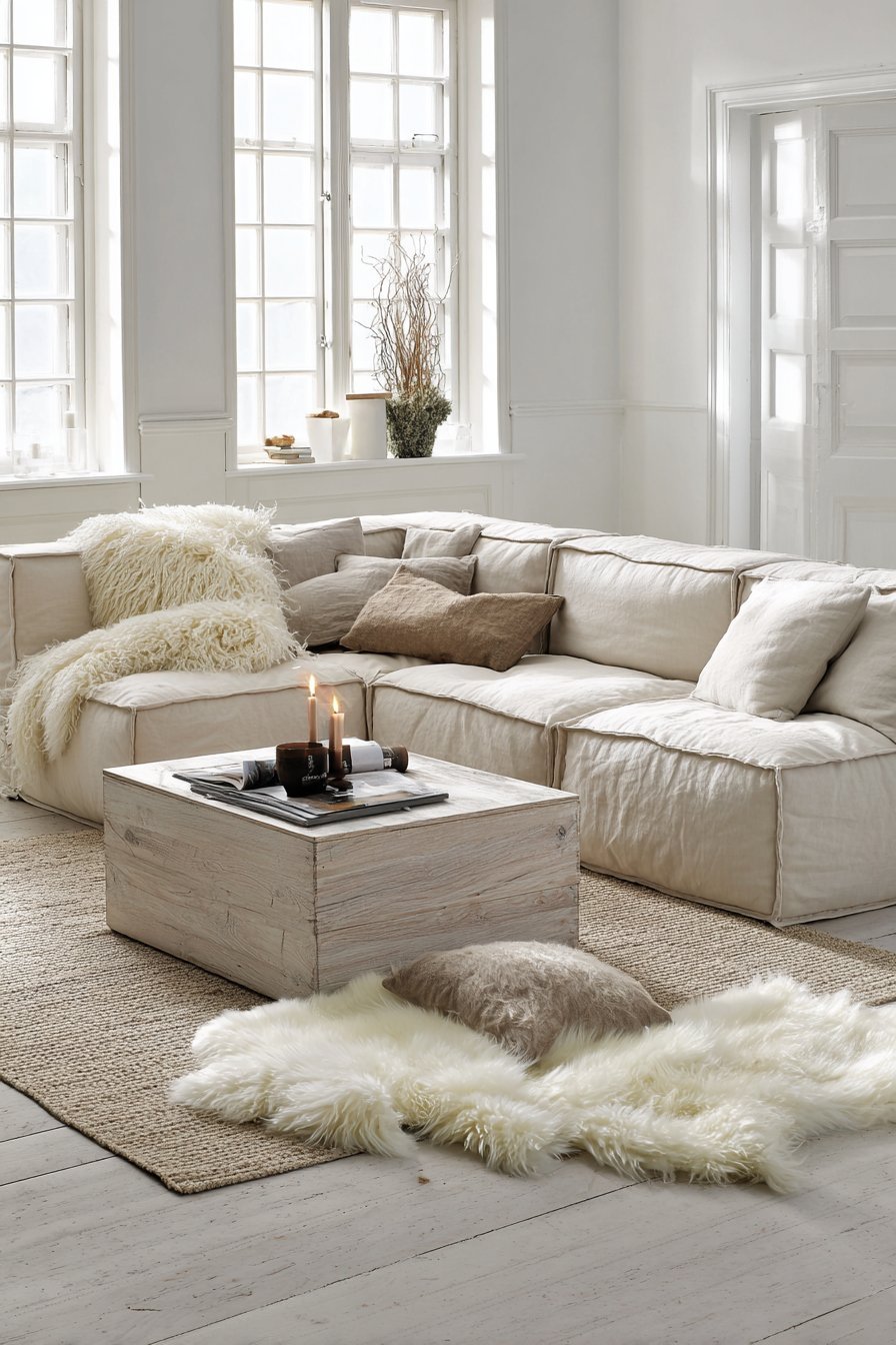 Scandinavian neutral living room with oatmeal modular sofa, whitewashed ash coffee table and white walls