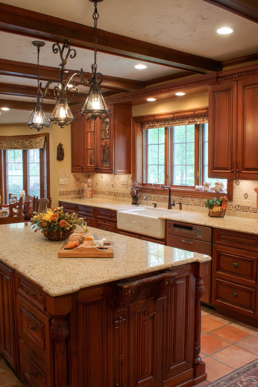 Cherry kitchen cabinets with cream granite, hand-painted ceramic backsplash, terra cotta floor and wrought iron chandelier