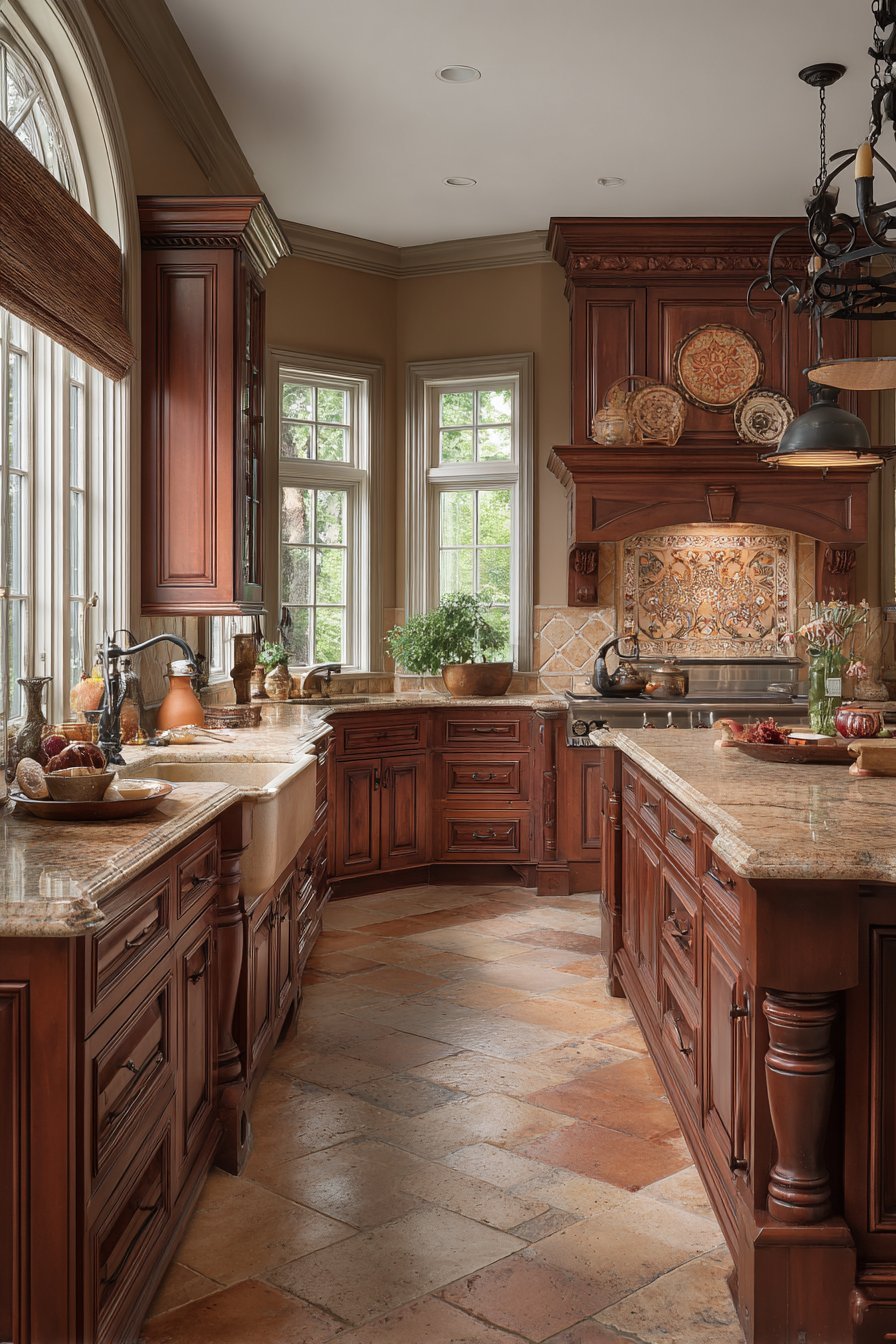 Cherry kitchen cabinets with cream granite, hand-painted ceramic backsplash, terra cotta floor and wrought iron chandelier