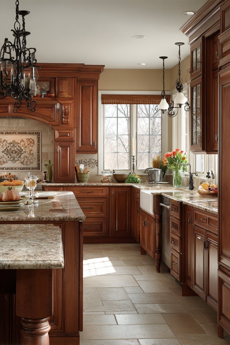 Cherry kitchen cabinets with cream granite, hand-painted ceramic backsplash, terra cotta floor and wrought iron chandelier