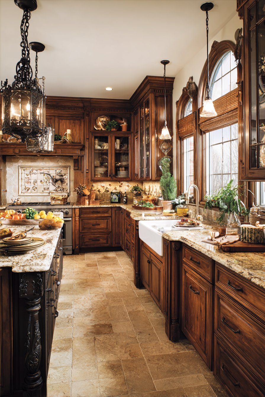 Cherry kitchen cabinets with cream granite, hand-painted ceramic backsplash, terra cotta floor and wrought iron chandelier