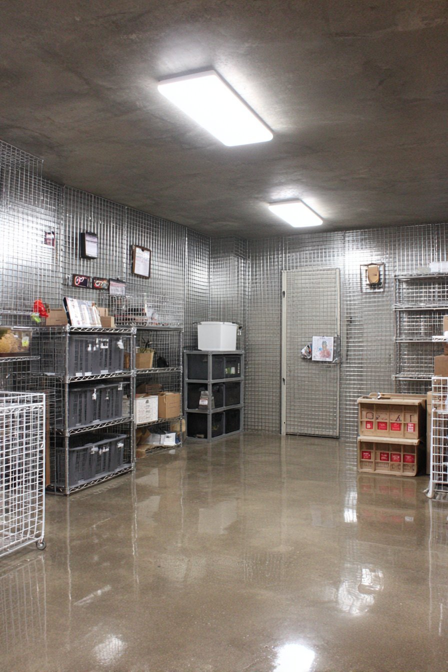 Stainless steel wire grid wall panels with baskets, tool holders and hooks above a polished grey basement floor