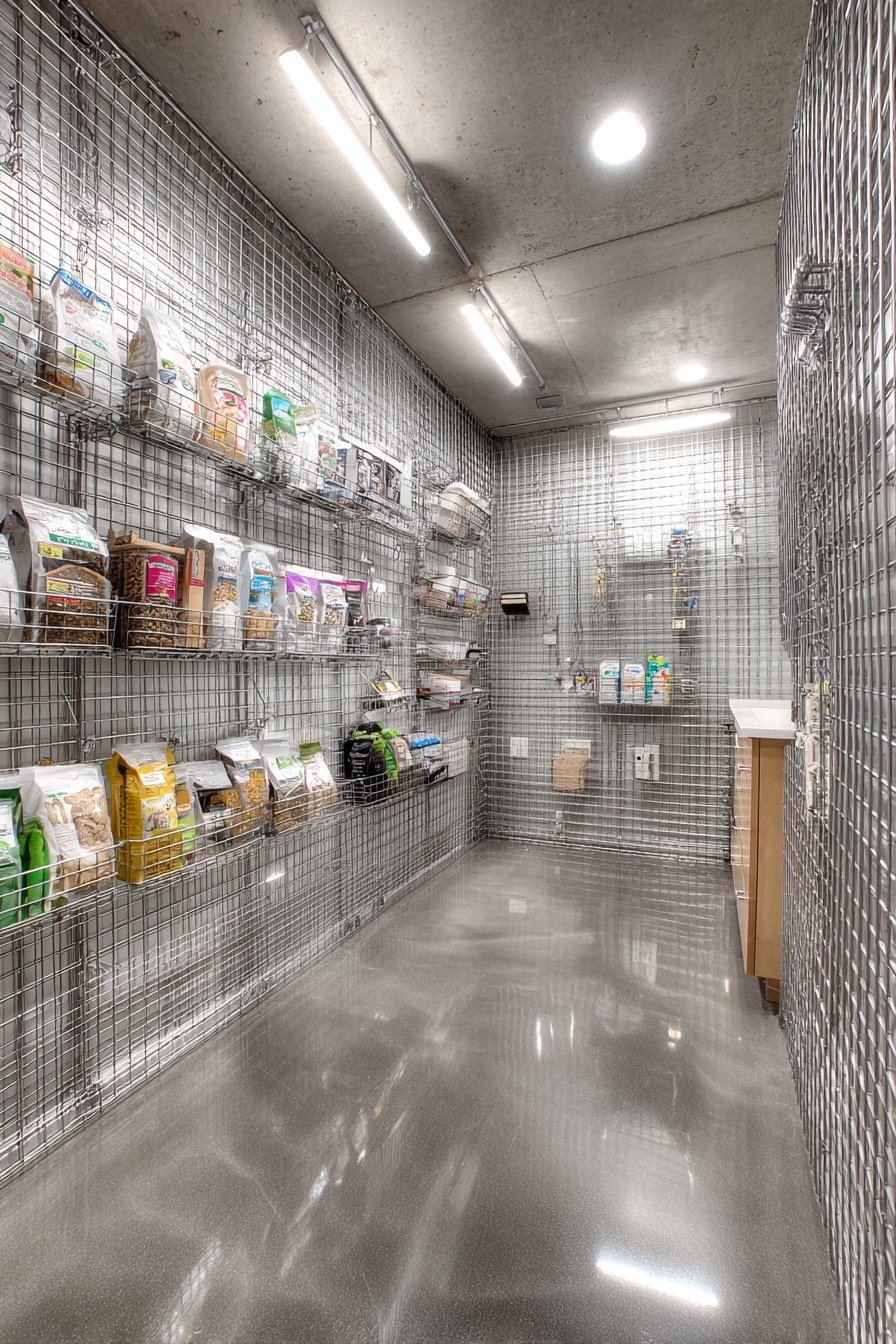 Stainless steel wire grid wall panels with baskets, tool holders and hooks above a polished grey basement floor