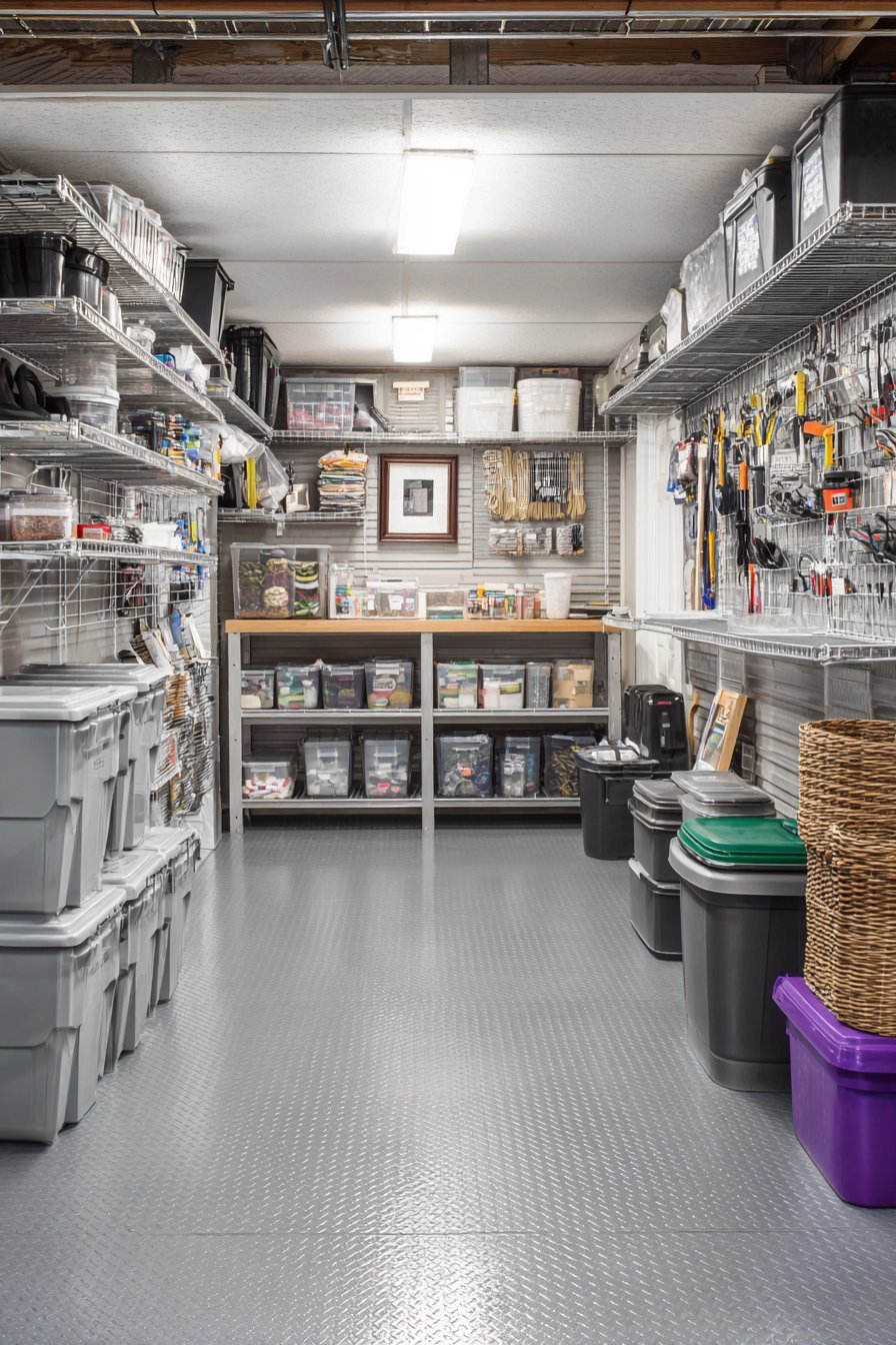 Stainless steel wire grid wall panels with baskets, tool holders and hooks above a polished grey basement floor