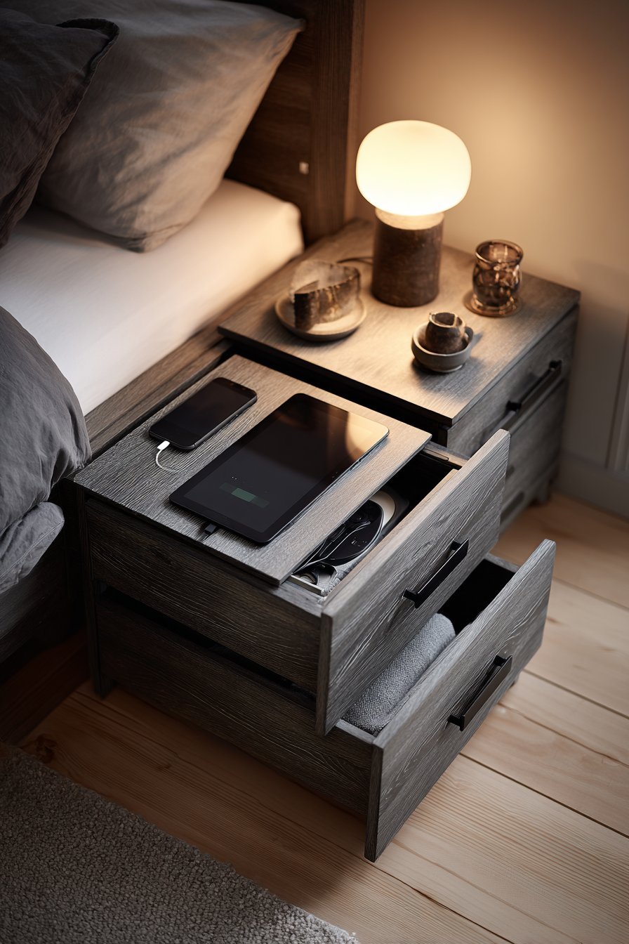 Grey-stained oak nightstand with three drawers with leather pulls, recessed wireless charging pad and bedside lamp