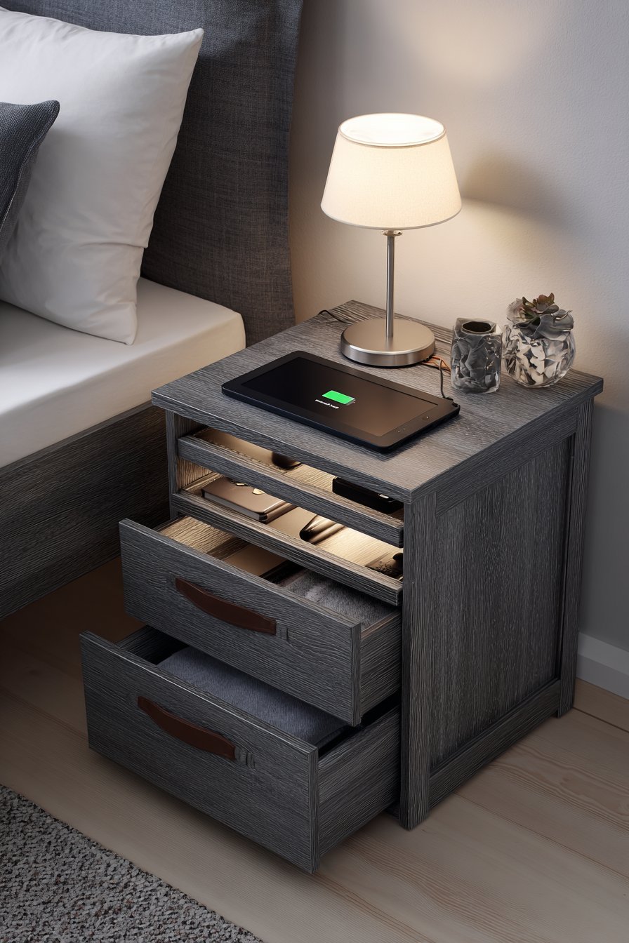 Grey-stained oak nightstand with three drawers with leather pulls, recessed wireless charging pad and bedside lamp