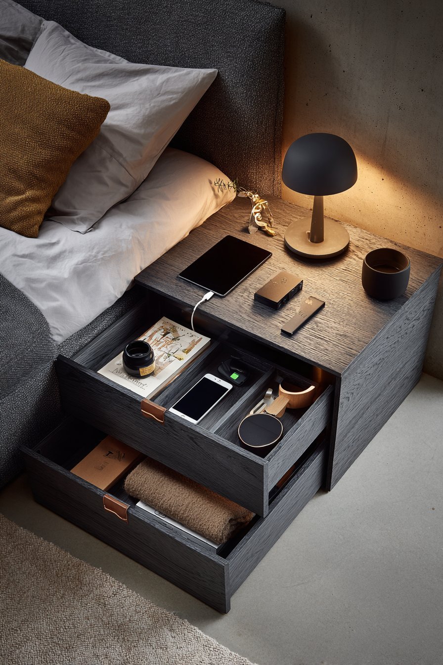 Grey-stained oak nightstand with three drawers with leather pulls, recessed wireless charging pad and bedside lamp