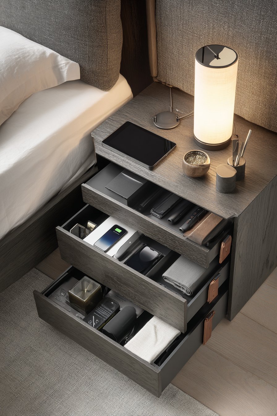 Grey-stained oak nightstand with three drawers with leather pulls, recessed wireless charging pad and bedside lamp