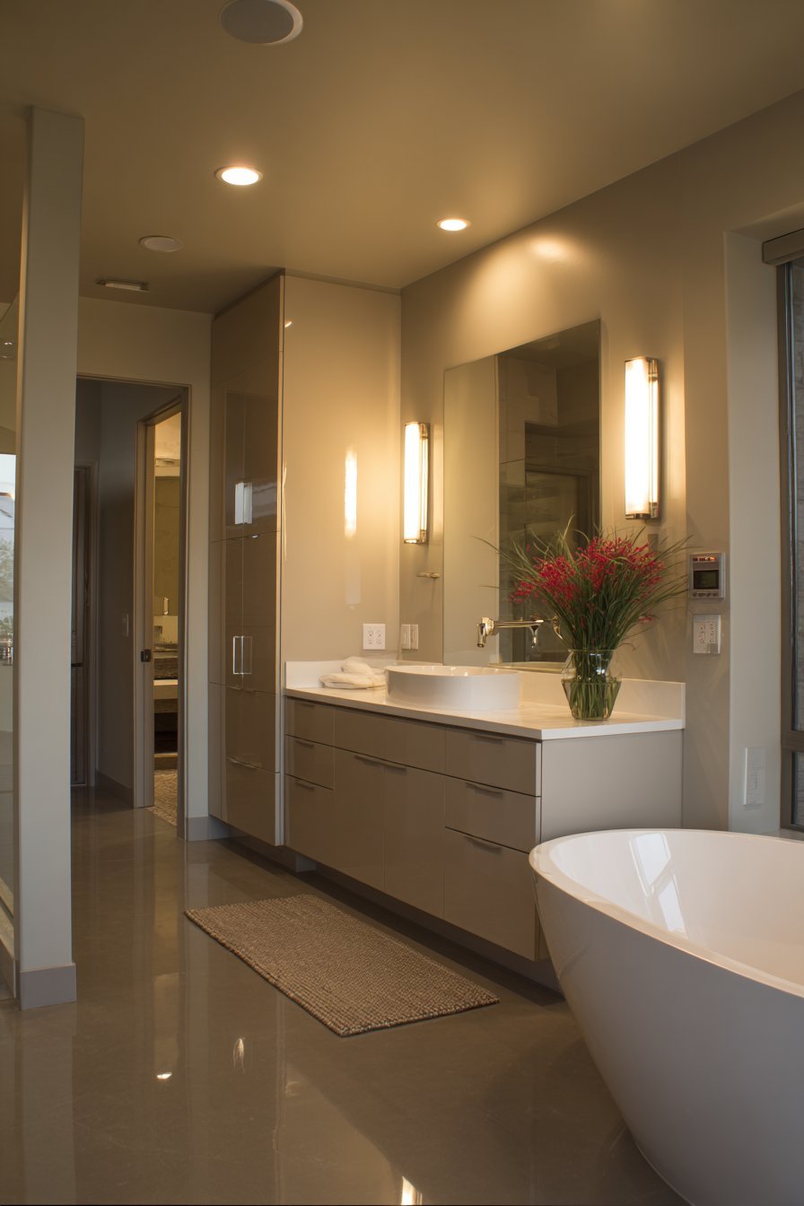 Master bathroom with flush ceiling speakers, wall control panel, floating vanity and frameless shower