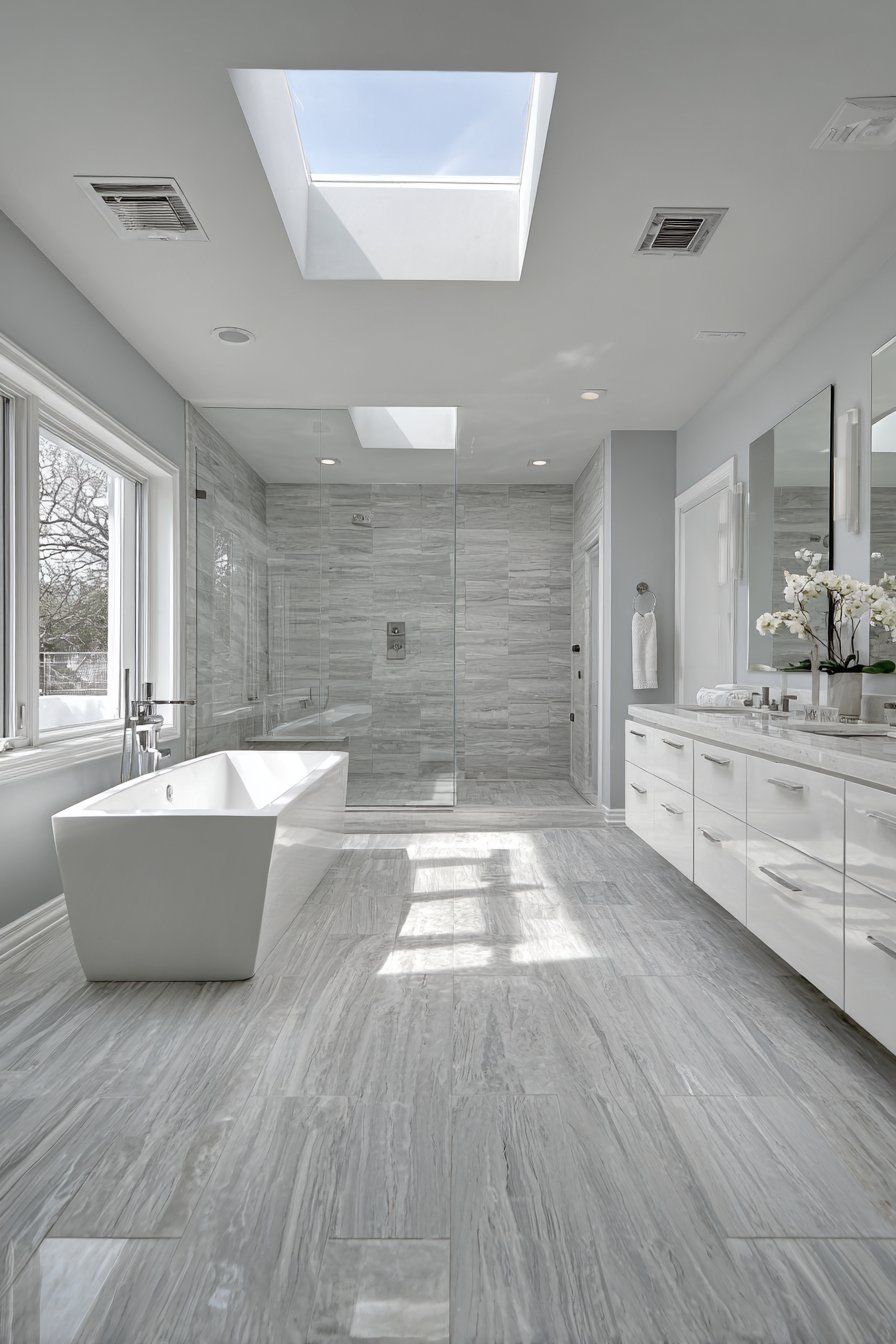 Master bathroom with flush ceiling speakers, wall control panel, floating vanity and frameless shower